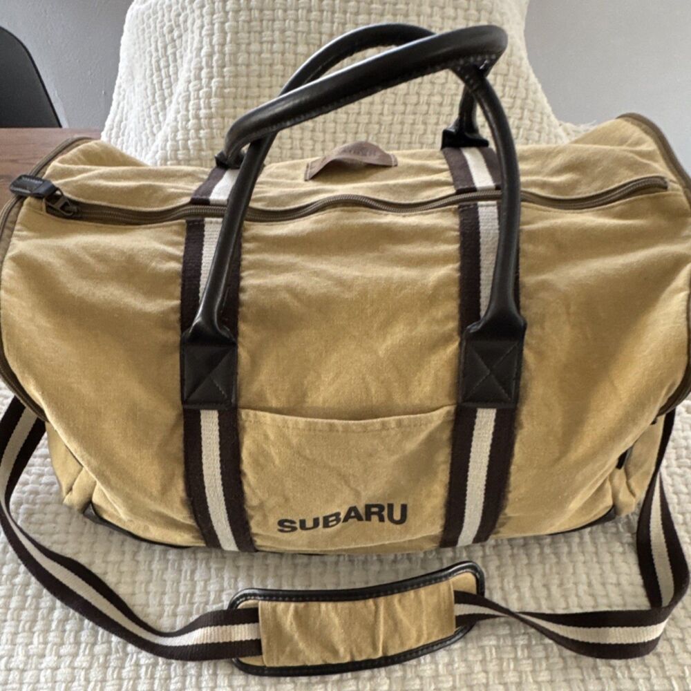 Subaru Duffle Bag Beige with Brown Adjustable Straps Solid Pattern